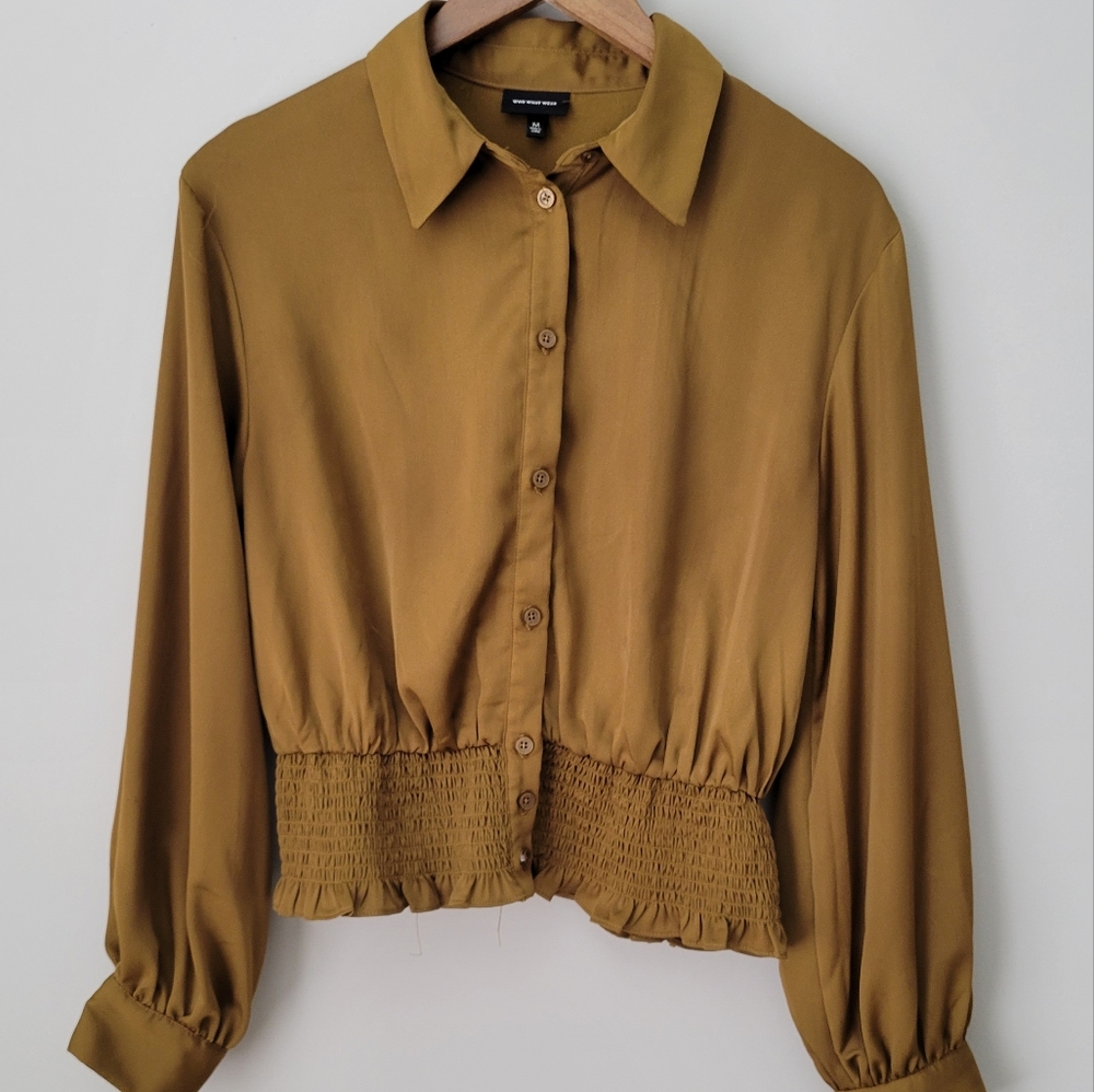 Gold / Brown Long-Sleeve Blouse with Buttons (Medium)